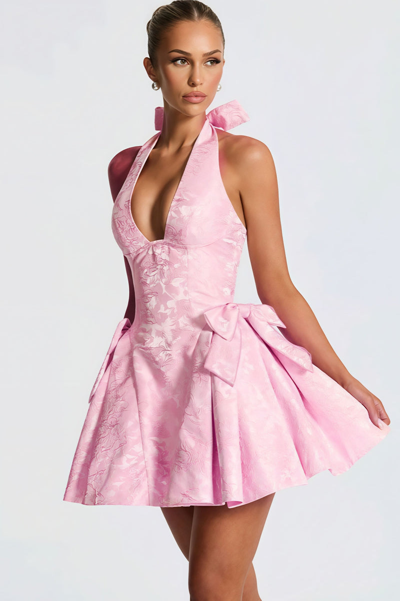 Jacquard Halter V Neck Bow Mini Dress