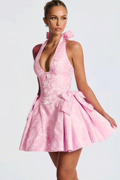 Jacquard Halter V Neck Bow Mini Dress
