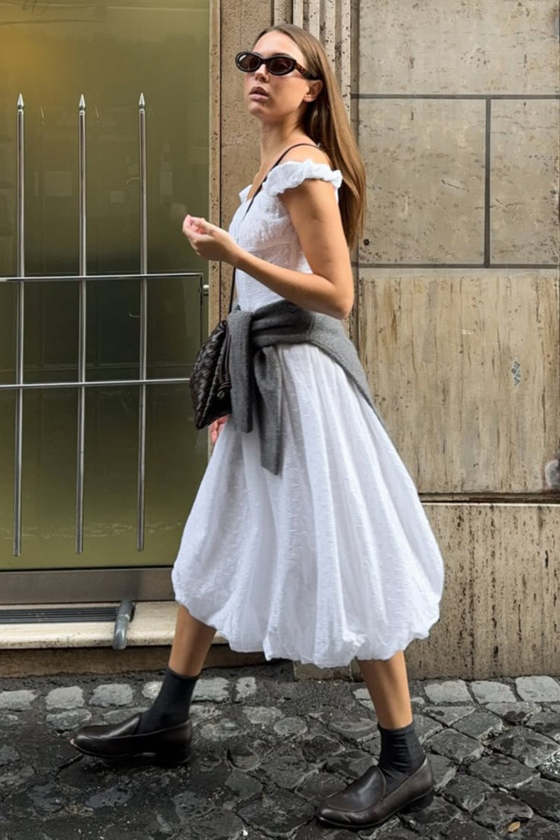 Jacquard Off Shoulder Embroidery Midi Dress