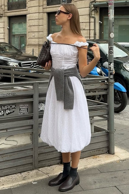 Jacquard Off Shoulder Embroidery Midi Dress