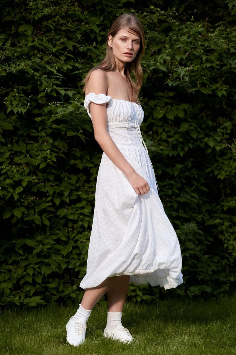 Jacquard Off Shoulder Embroidery Midi Dress