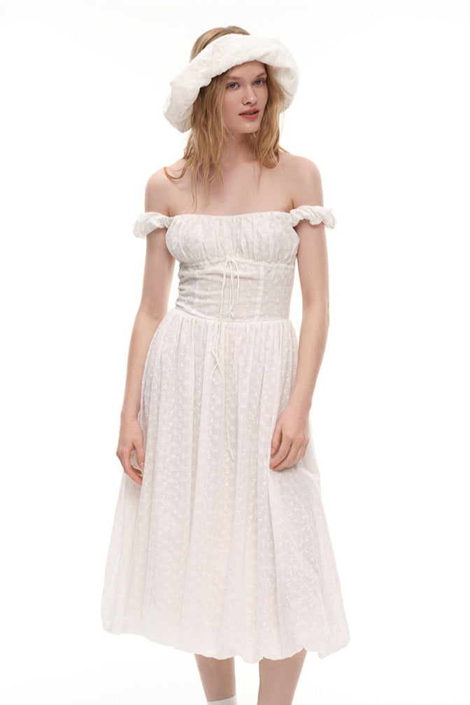 Jacquard Off Shoulder Embroidery Midi Dress