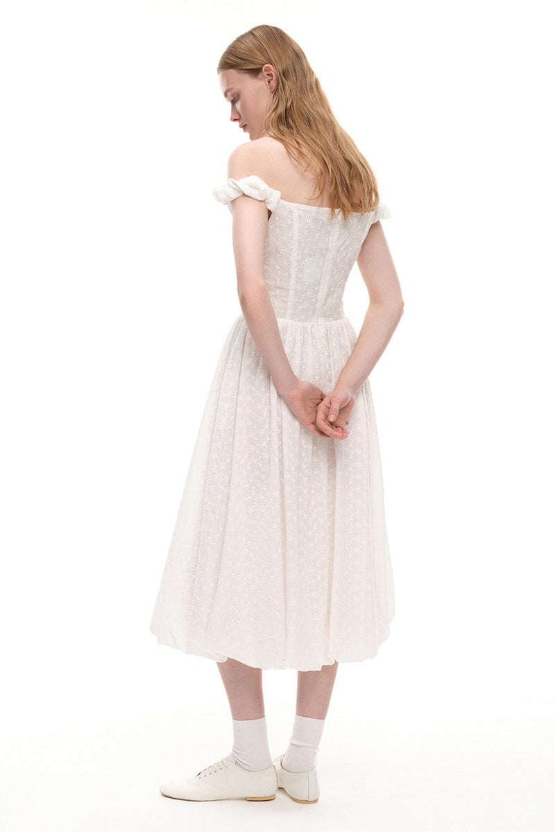 Jacquard Off Shoulder Embroidery Midi Dress