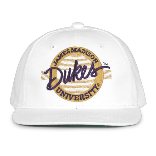 James Madison Retro Circle snapback hat in white, front view