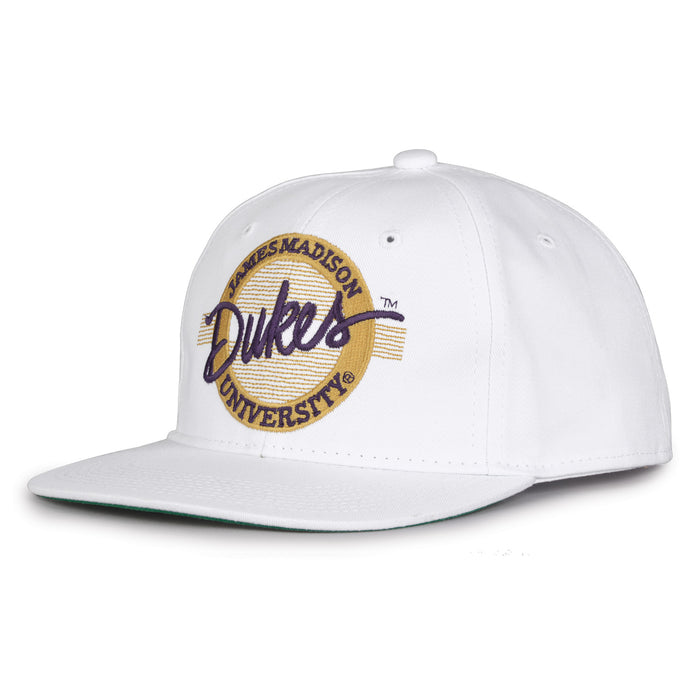 James Madison Retro Circle snapback hat in white, angled view