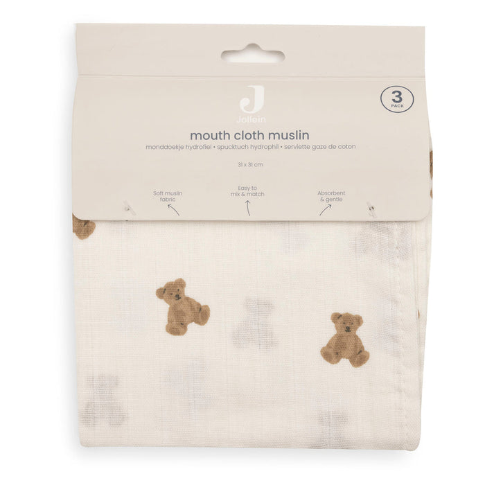 Jollein - Mouth Cloth Muslin 31x31cm - Mini Teddy Bear (3 Pack)