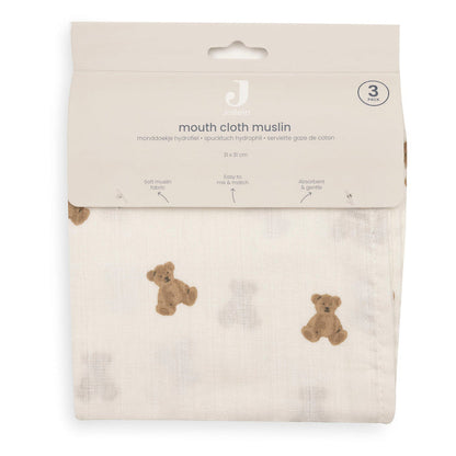Jollein - Mouth Cloth Muslin 31x31cm - Mini Teddy Bear (3 Pack)