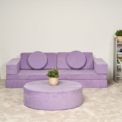 Kiddie Couch modular kids play couch in Orchid Purple styled in a family living room setting