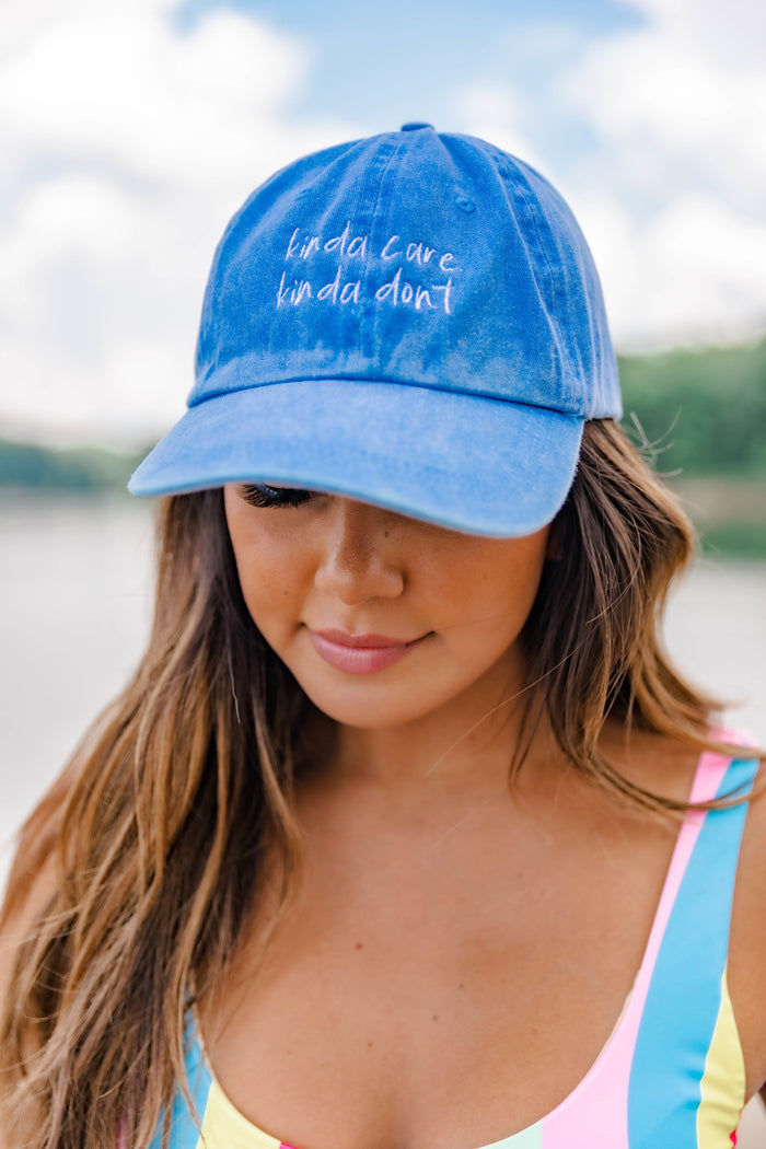 Kinda Care Kinda Don't Embroidered Baseball Cap Vintage Royal Blue