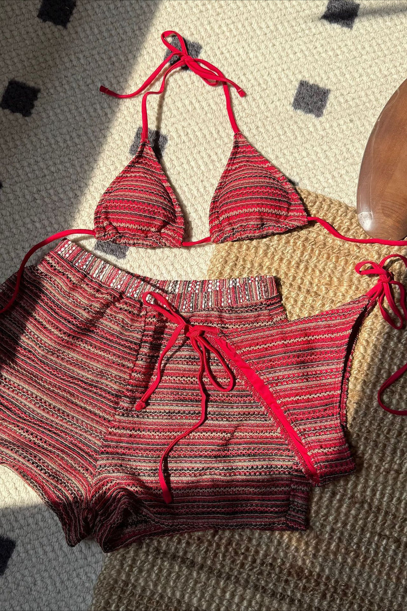 Knit Colorblock Three Piece Bikini Set