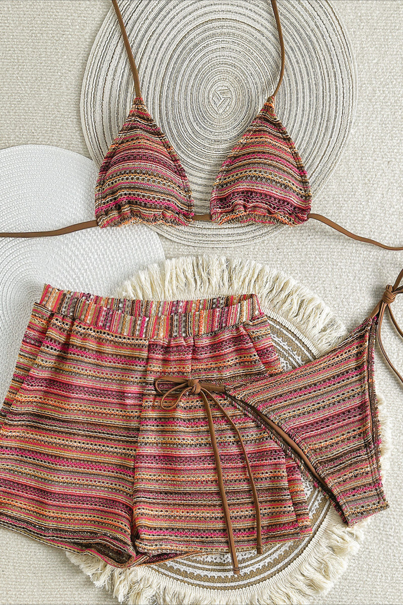 Knit Colorblock Three Piece Bikini Set