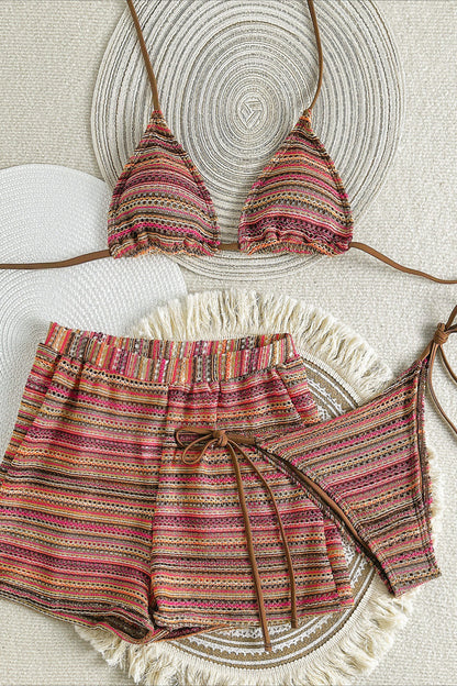 Knit Colorblock Three Piece Bikini Set