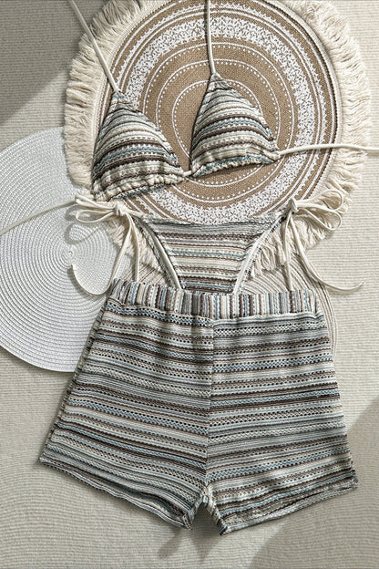 Knit Colorblock Three Piece Bikini Set