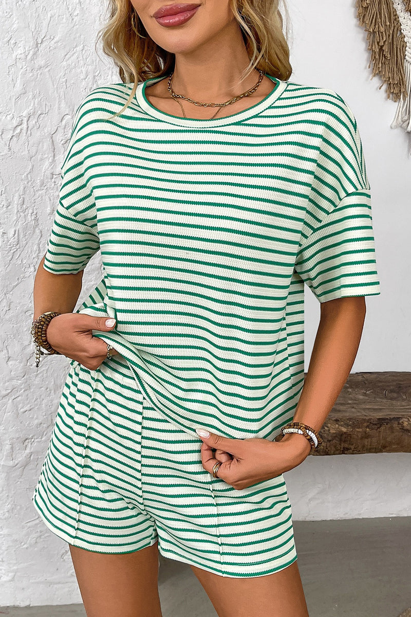Knitted Striped Casual Athletic Short Two Piece Set