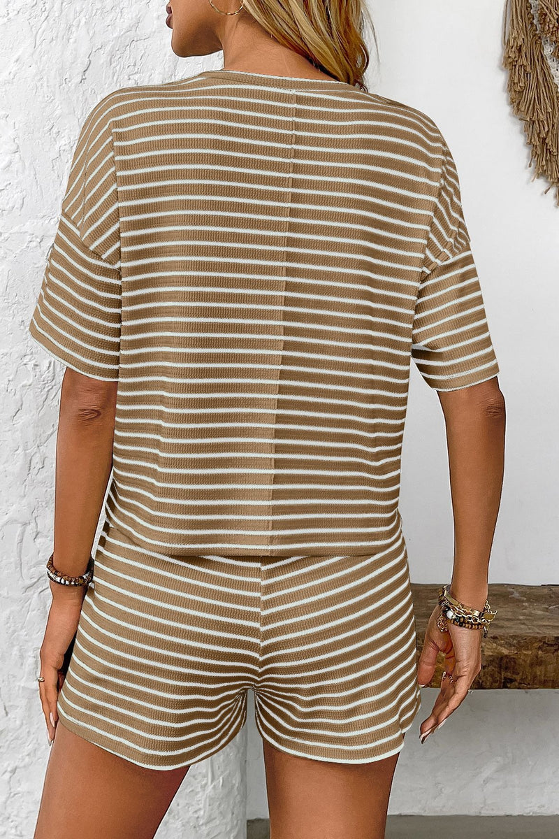 Knitted Striped Casual Athletic Short Two Piece Set