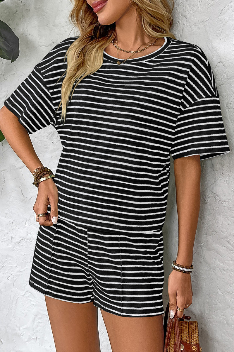 Knitted Striped Casual Athletic Short Two Piece Set