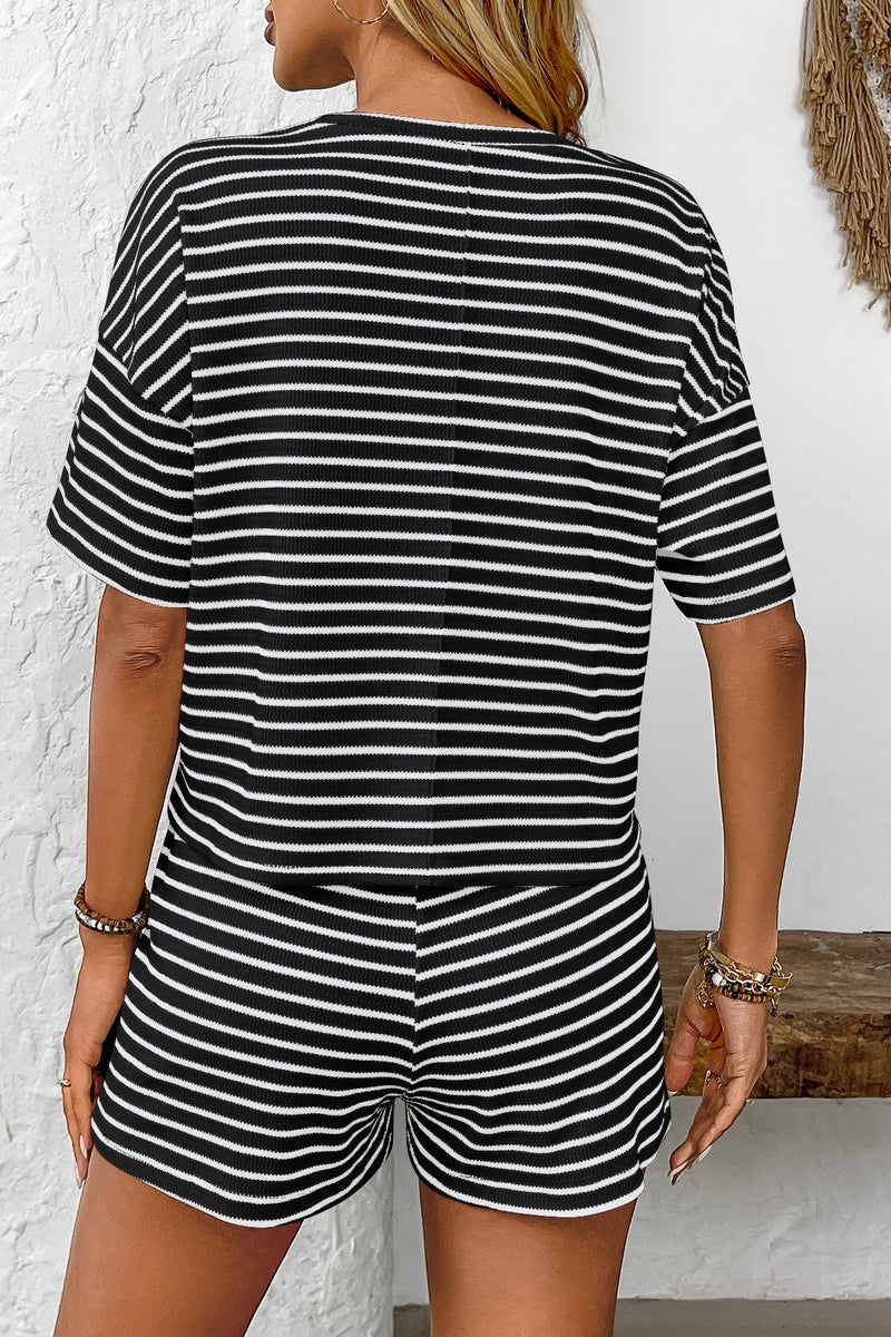 Knitted Striped Casual Athletic Short Two Piece Set