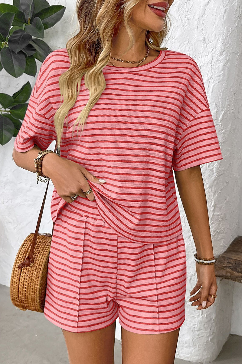 Knitted Striped Casual Athletic Short Two Piece Set