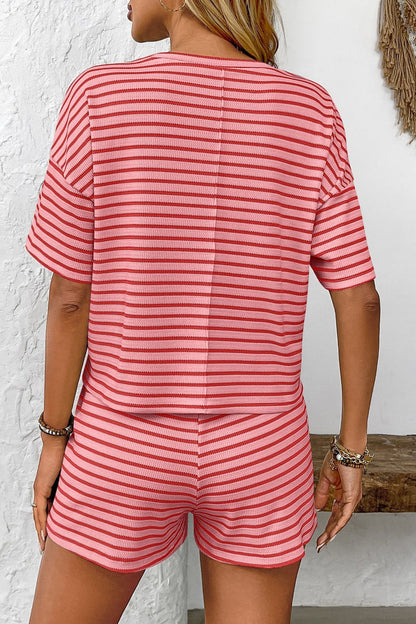 Knitted Striped Casual Athletic Short Two Piece Set