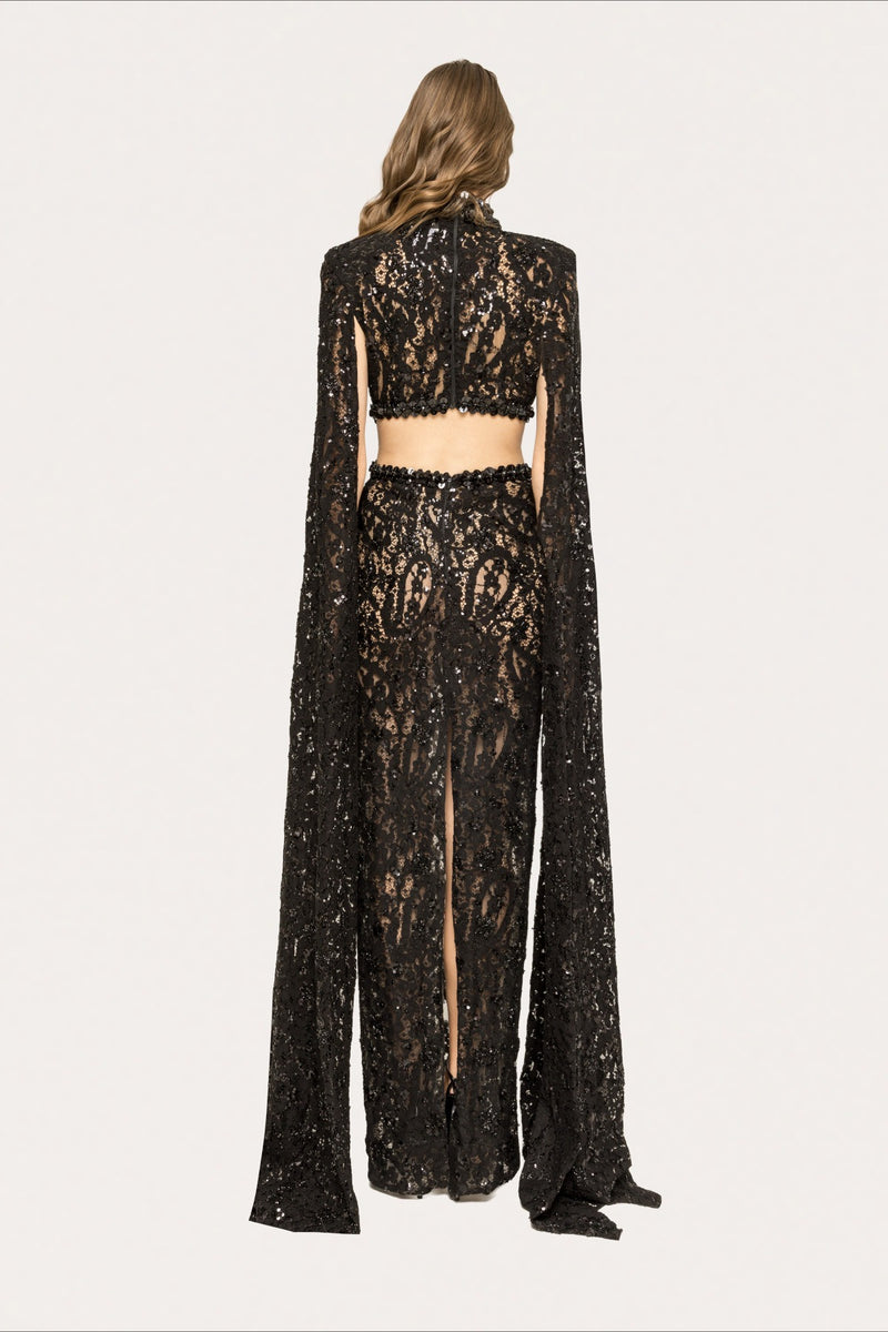 Lace Beaded Sequin Slim Cape Reception Dress