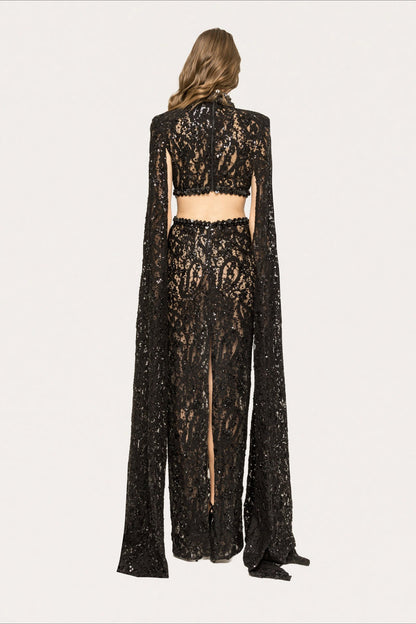 Lace Beaded Sequin Slim Cape Reception Dress
