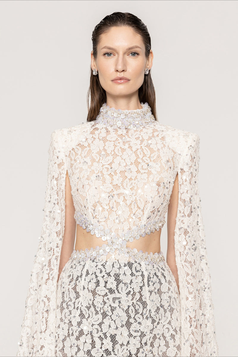 Lace Beaded Sequin Slim Cape Reception Dress