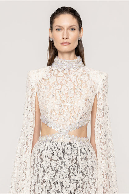 Lace Beaded Sequin Slim Cape Reception Dress