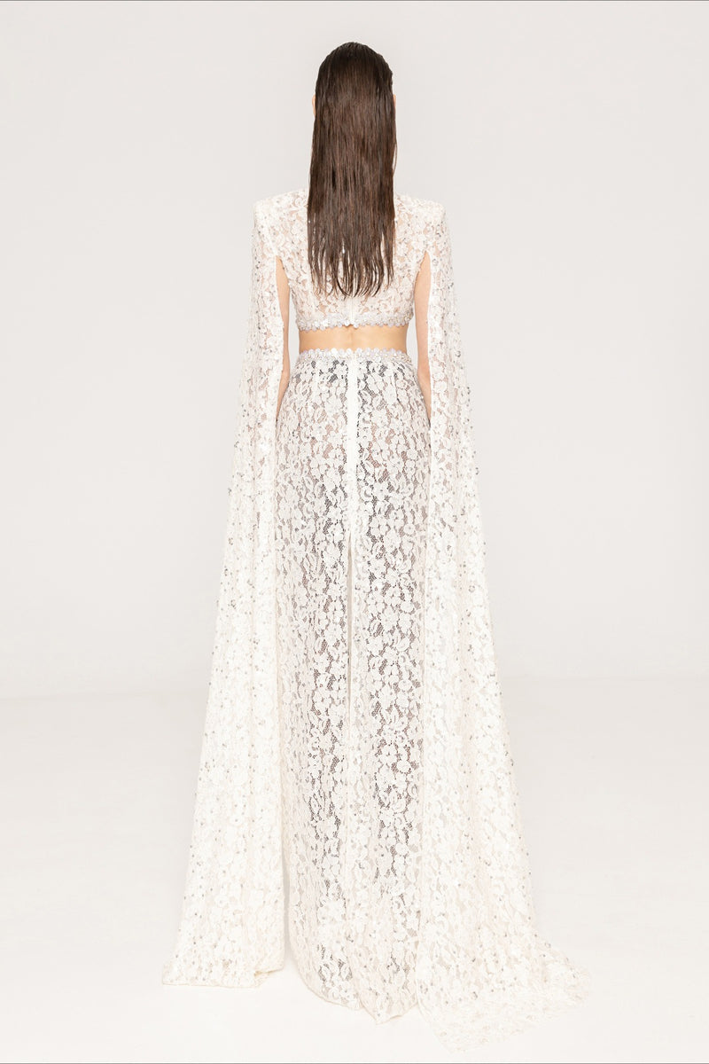Lace Beaded Sequin Slim Cape Reception Dress