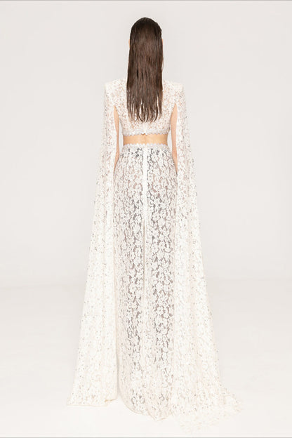 Lace Beaded Sequin Slim Cape Reception Dress
