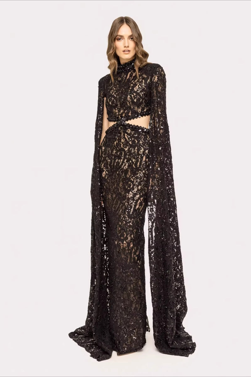 Lace Beaded Sequin Slim Cape Reception Dress
