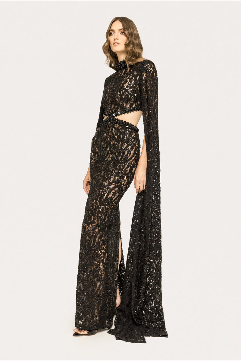Lace Beaded Sequin Slim Cape Reception Dress