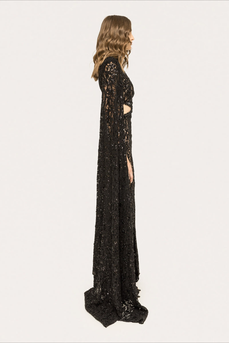 Lace Beaded Sequin Slim Cape Reception Dress