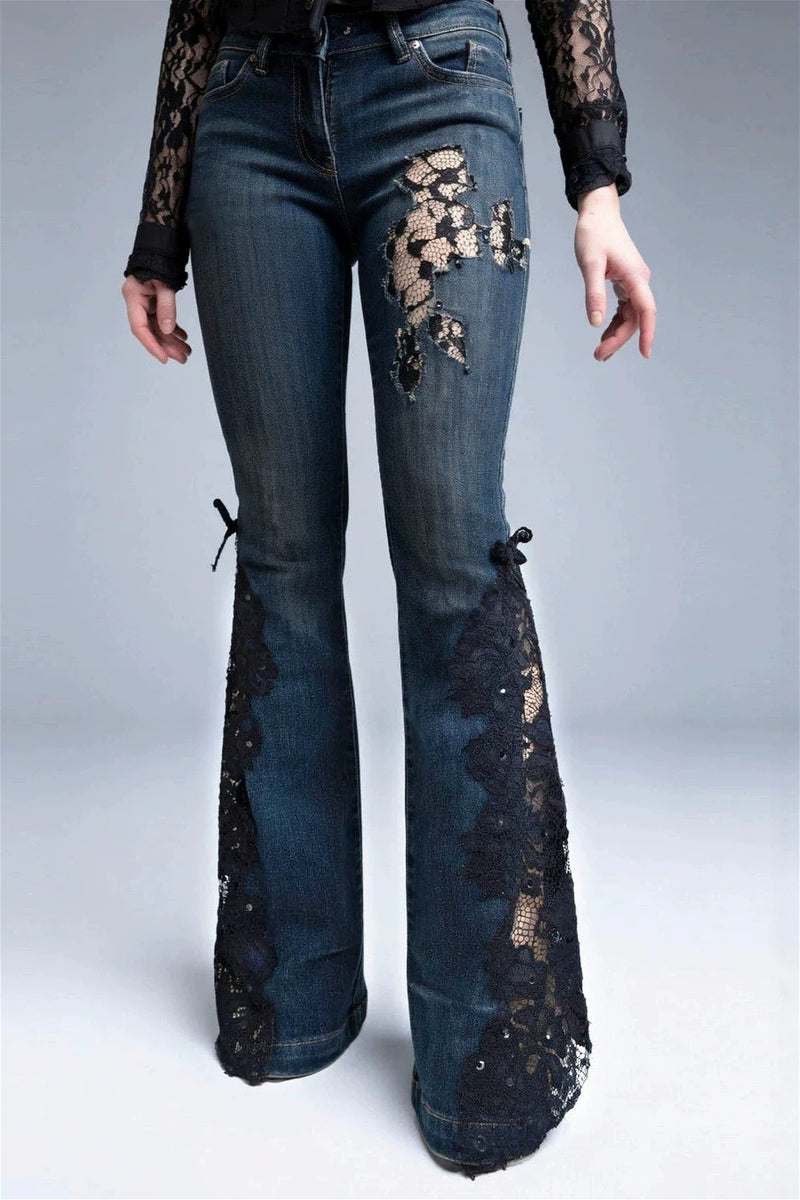 Lace Cutout Splice Flare Jeans