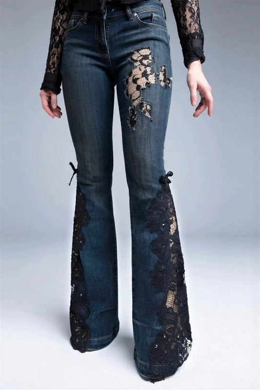 Lace Cutout Splice Flare Jeans
