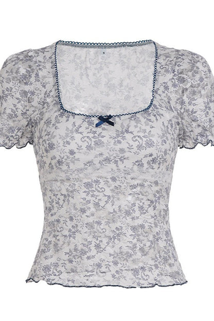 Lace Floral Mesh Fake Two Piece Blouse