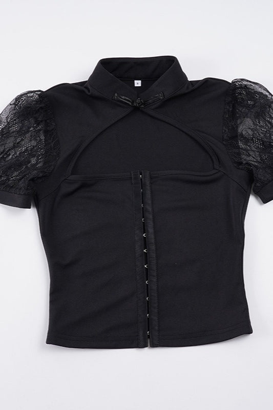 Lace Hollow Button Cropped Blouse