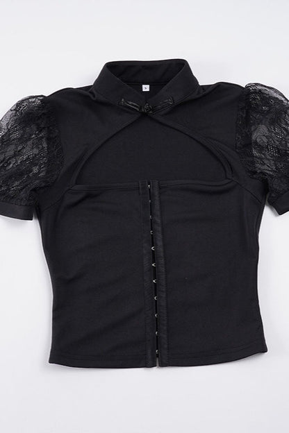 Lace Hollow Button Cropped Blouse