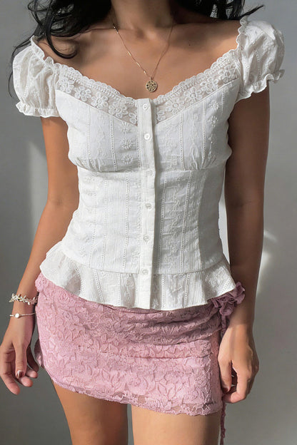 Lace Hollow Button Puff Sleeve Blouse