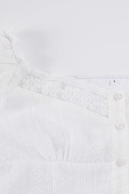 Lace Hollow Button Puff Sleeve Blouse