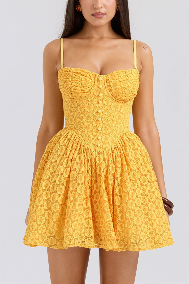 Lace Jacquard Backless Puff Mini Dress