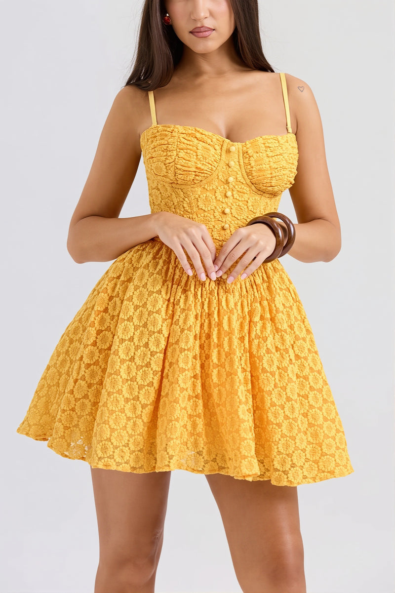Lace Jacquard Backless Puff Mini Dress