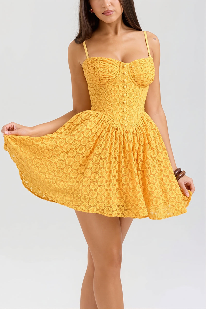 Lace Jacquard Backless Puff Mini Dress