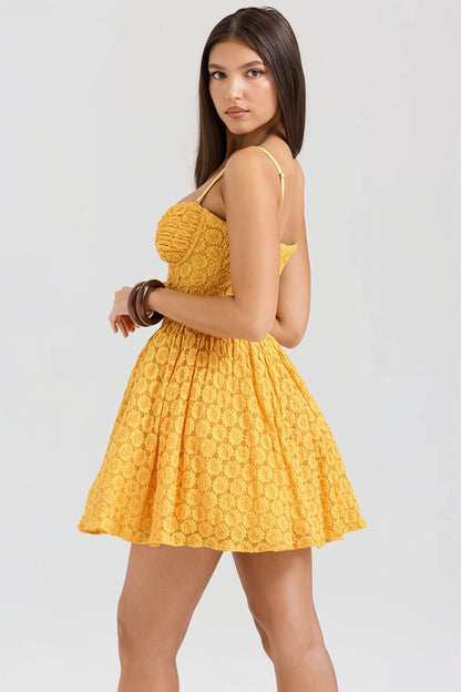 Lace Jacquard Backless Puff Mini Dress