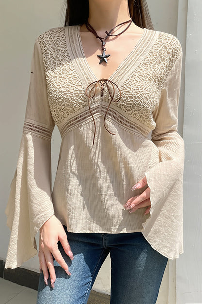 Lace Knit Flare Sleeve Ethnic Blouse