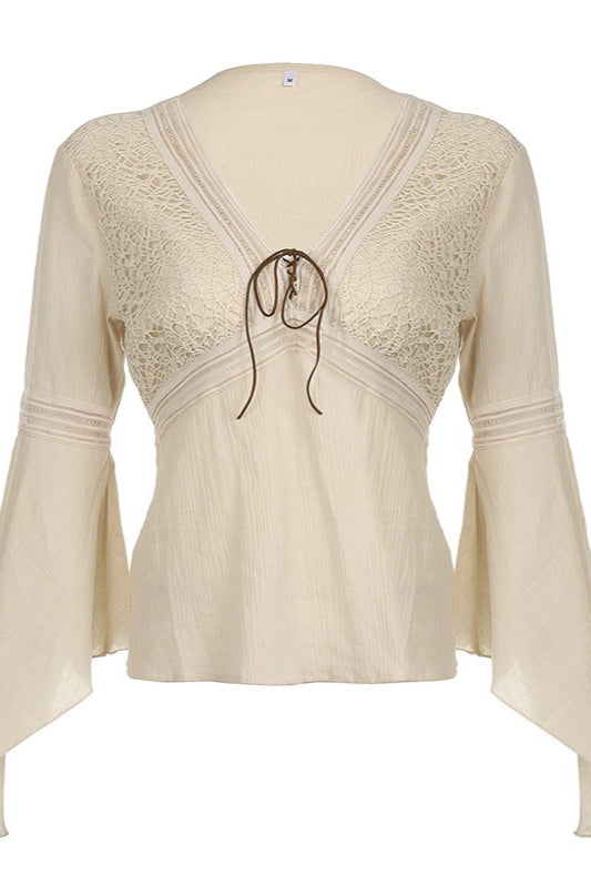Lace Knit Flare Sleeve Ethnic Blouse