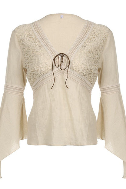 Lace Knit Flare Sleeve Ethnic Blouse