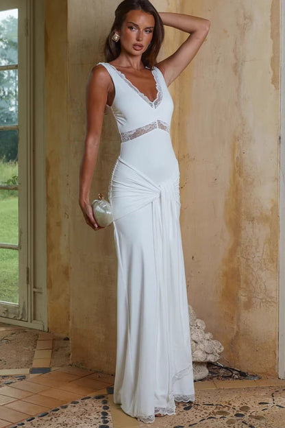 Lace Panel Bodycon With Tie Straps Maxi Dress