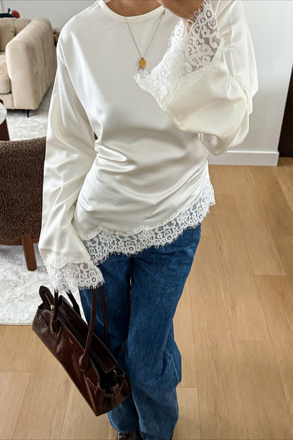 Lace Panel Solid Casual Blouse