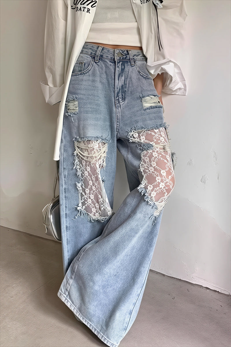 Lace Patchwork Wide Leg Jeans