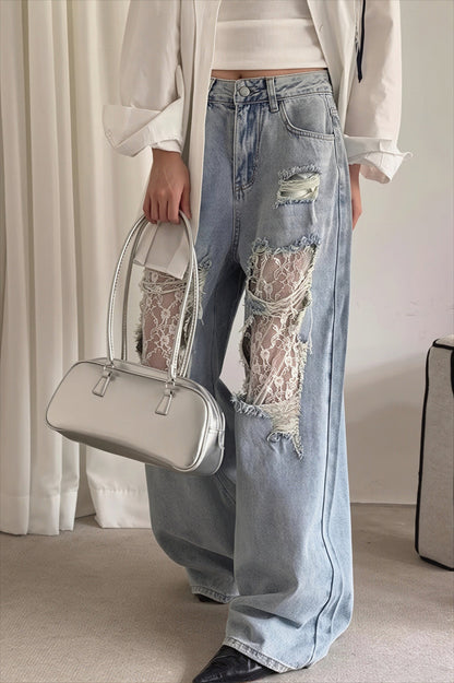 Lace Patchwork Wide Leg Jeans